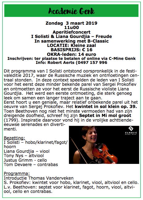 Affiche. Akademie Genk. OKRA. Aperitiefconcert - Solisti & Liana Gourdjia – Freude. 2019-03-03